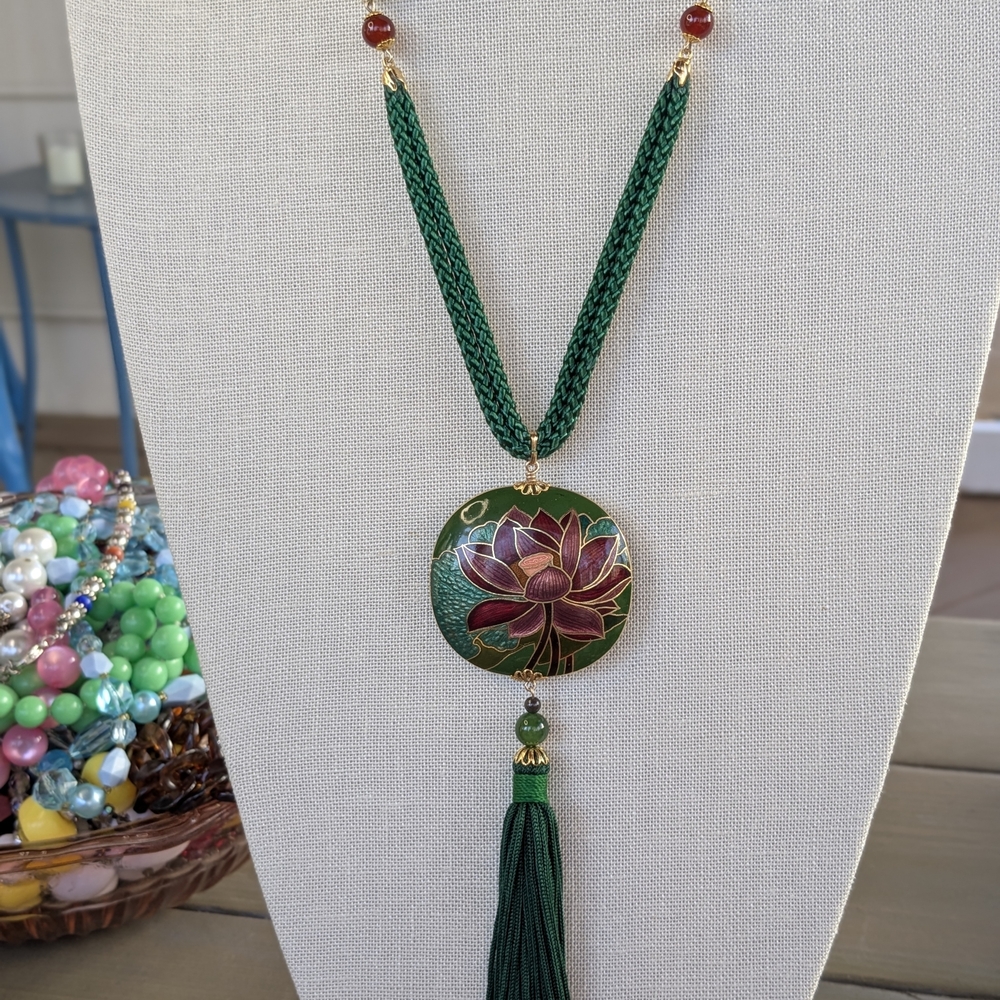 Cloisonné Lotus Pendant Necklace Green Purple Tassel Statement Boho Vintage - Picture 2 of 6